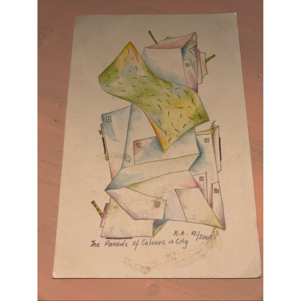 Signed M.A 12/2005 Artwork Card Original Abstract Watercolor Art - Multicolor
